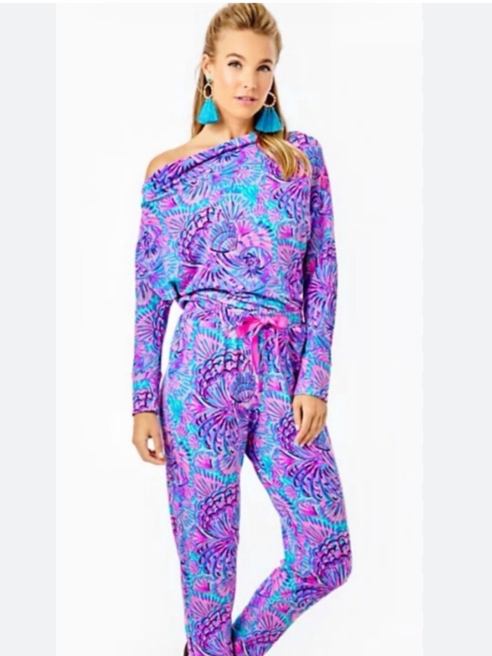 Lilly Pulitzer Off-Shoulder Printed Jumpsuit in Turquoise & Purple